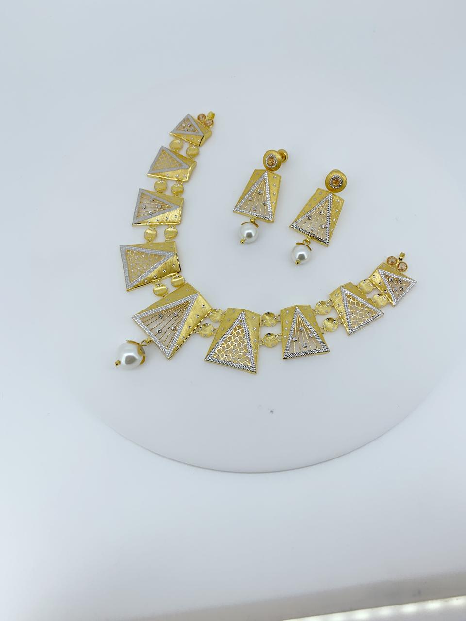 Heritage Geometric Gold Necklace Set with Pearl Drops - Image 2