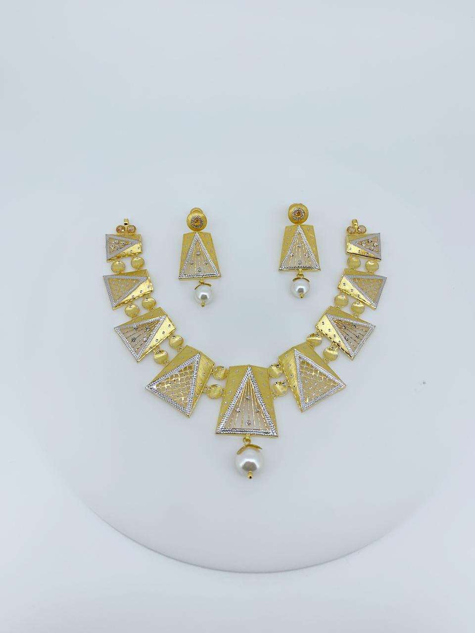 Heritage Geometric Gold Necklace Set with Pearl Drops