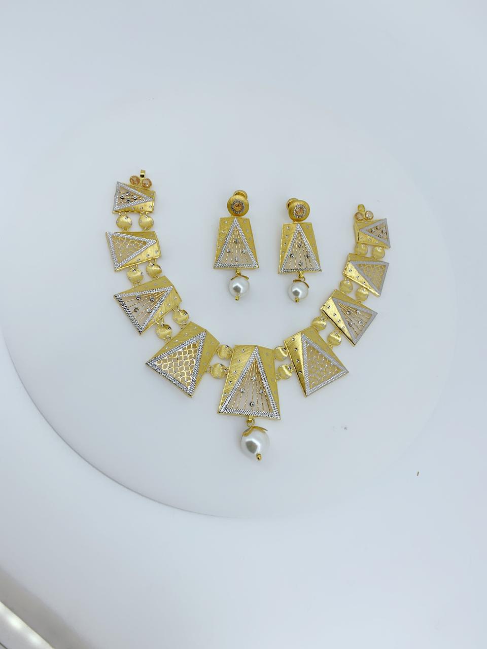 Heritage Geometric Gold Necklace Set with Pearl Drops - Image 3